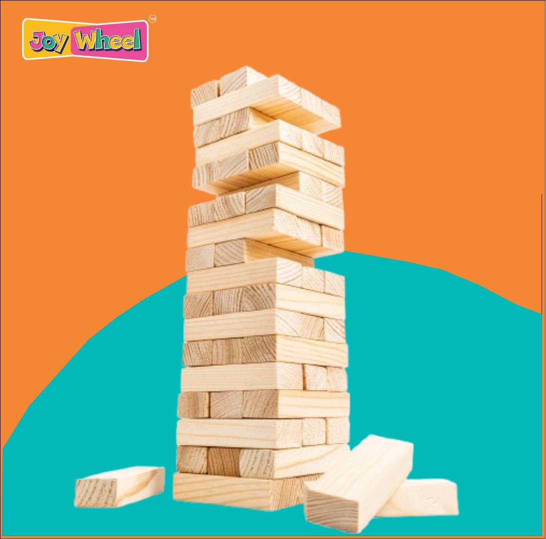Joy Wheel Wooden Tower Block Game for Kids & Family | 54 Natural Wood Pieces | Tumbling Stack Game for Boys, Girls & Adults | Educational Fun Toy | Classic Indoor Game Set